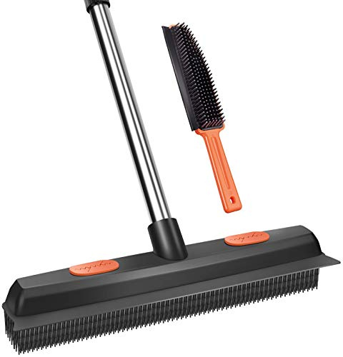 Conliwell Rubber Broom Carpet Rake for Pet Hair, Fur Remover Broom with Squeegee, Portable Detailing Lint Remover Brush (Stainless 4 Steel Handle)