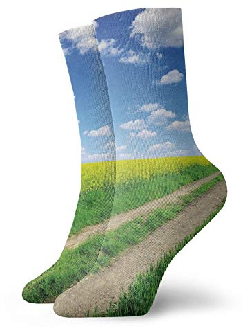 GULTMEE Yellow And Blue Funky Colorful Cushion Sport Socks,Countryside Road On Field Of Rapeseeds,Athletic Cushioned Running Performance Crew Socks For Men/Women,Green Blue White -12 inch