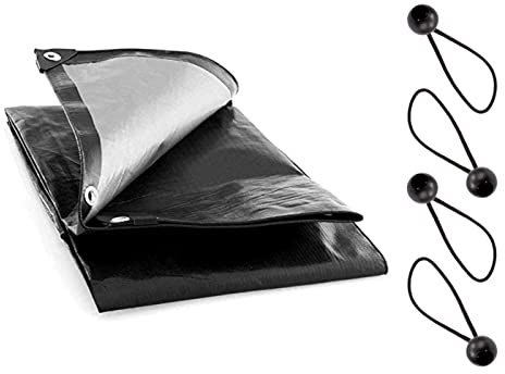 1.5 x 2 m Heavy-Duty Waterproof Black Tarpaulin 235 GSM with 4 Ball Bungees - Cover with Rubber-Reinforced Corners, Heat-Sealed Seams, Aluminium Grommets - Outdoor Sheet for Camping, Garden, Roof