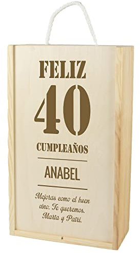 CALLE DEL REGALO Caja de Madera para dos Botellas de Vino grabada con Edad, Nombre y dedicatoria