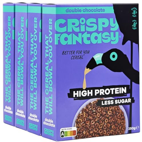 Crispy Fantasy Protein Cereal, Chocolate, Gluten Free, Vegan, Low Sugar, Protein Snacks, High Fibre, Plant Based, Just Add Milk, Healthy Breakfast for Kids & Adults, 8g Protein Per Serving, 4 Boxes