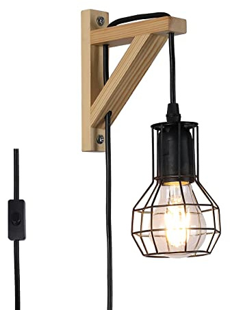 SUNLLOK Moderne Holz Wandleuchte mit Stecker Schalter, Vintage Rustikales Innen Wandlampe Verstellbare Hängende Wandhalterung, Industrie Lese Leuchten Deko für Wohnzimmer Kinderzimmer (Schwarz)