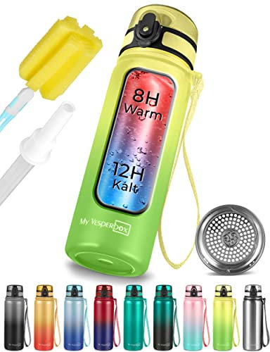 My Vesperbox – Thermo Minny - Edelstahl Trinkflasche auslaufsicher – mit Strohhalm oder Sieb - 600ml – Robuste Edelstahl Wasserflasche für Kinder und Erwachsene - BPA frei (Grün - Gelb, 600 ml)