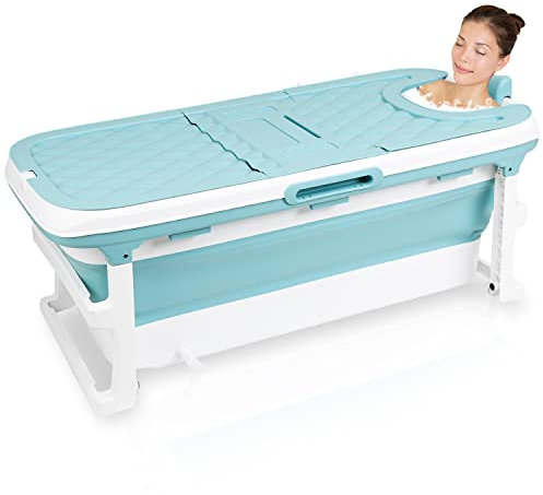 faltbare Badewanne Erwachsene XL, 132x60x50cm klappbare mobile Badewanne mit Abdeckung Klappbadewanne Erwachsener foldable bathtub mit Korb für Badezimmer, Dusche und Balkon