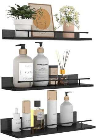 Giftgarden Schwarz Wandregal Holz, Kleine Schweberegal Bilderleiste mit Schwarz Metall Geländer für Wohnzimmer, Küche, Kinderzimmer, Schlafzimmer oder Büro - 3 Stück mit Verschiedenen Größen