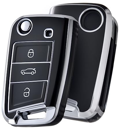 OATSBASF Autoschlüssel Hülle VW, Schlüssel Hülle Kompatibel für VW Golf 7 Schlüsselhülle, Schlüsselbox Cover für VW Polo, Skoda, Tiguan, MK7 3-Tasten (Silber Rand-Schwarz) | Passgenaue TPU Schlüsselhülle für VW & Skoda. Robustes, kratzfestes Design schützt Ihren Autoschlüssel sicher im Alltag
