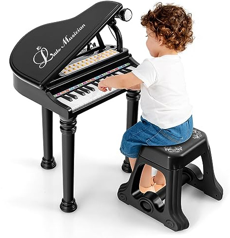RELAX4LIFE Pianoforte per Bambini con 31 Tasti e Sgabello, Tastiera Pianoforte Elettronico con Microfono Regolabile, Giocattolo Musicale Regalo per Bambini 3+ Anni (Nero)