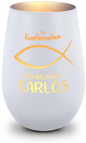 GRAVURZEILE Deko Windlicht aus Glas mit Gravur - Fisch - Zur Kommunion Konfirmation & Taufe - Personalisiert mit Anlass Name Datum - Personalisierte Geschenke für Mädchen & Jungen - Weiß/Silber