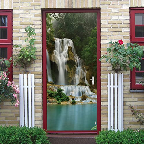 Türaufkleber Selbstklebende Türtapete Türposter Wasserfall-Berglandschaft 3D 77X200Cm Fototapete Türfolie Poster Art Tapete Wasserdicht Abnehmbare Wandaufkleber Schlafzimmer Haus Bad Deko