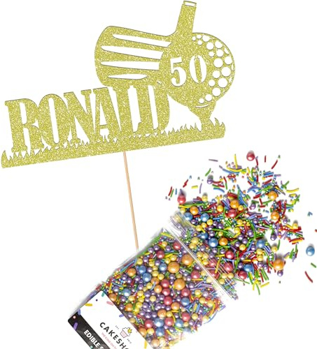 Cakeshop Cake Decoration Pack | Golf Theme Birthday Premium Double Sided Glitter Card Cake Topper & 25g Party Pack of Cake Sugar Sprinkles | Custom Name & Age Cake Decorations (Champagne)