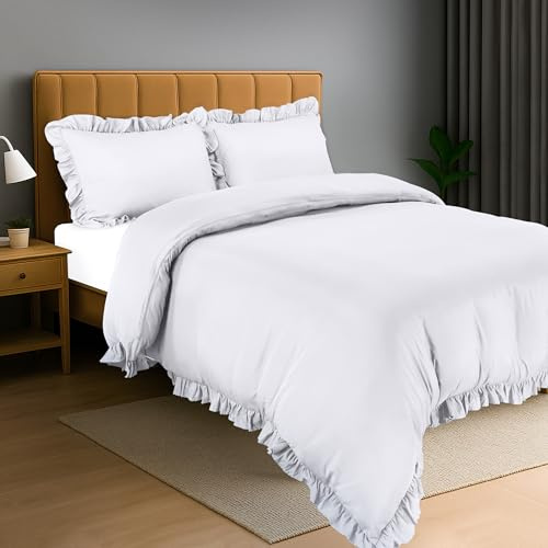 Utopia Bedding Ruffle Duvet Cover Set - Double (White) | Duvet Cover Set with Pillowcases - Soft Microfibre Polyester Ruffle Bedding