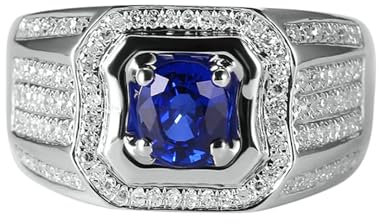 Daesar Ring Weißgold Herren 750 Echtgold, Trauringe mit 1.2ct Kreierter Blauer Saphir Siegelring Ring Größe 62, Hochzeit Ringe Männer Nickelfrei mit Diamant