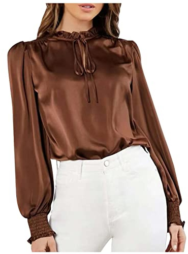 NSICBMNO Satin Tops for Women UK Lantern Sleeve Blouse Ruffle Neck Top Silk Blouses Ladies Elegant Office Blouses Tunic Tops Loose Casual Long Sleeve for Going Out Brown