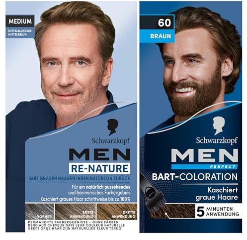 Men Perfect Coloración para barba 60 color marrón natural, nivel 2 (30 ml) para ocultar el cabello gris y Men Re-Nature de rubio medio a castaño medio (145 ml), crema de repigmentación