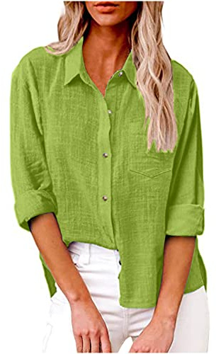 Essential 2024 Womens Tops Dressy UK Casual Summer Button Down Cotton Linen Shirts Work Office Women Blouse and Shirts Roll Up Long Sleeve Lapel Blouses Trendy Loose Fit Ladies Tops