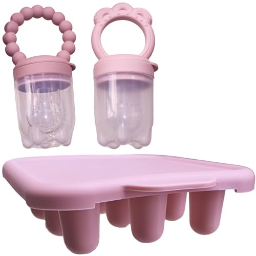MIMITO Befüllbarer Schnuller (2er Set) mit Babynahrungs-Gefrierschale, Baby Food Feeder with Freezer Tray, Fruchtsauger Baby ab 6 Monate, Zahnungsschnuller mit Sauger für Kleinkinder (Rosa)