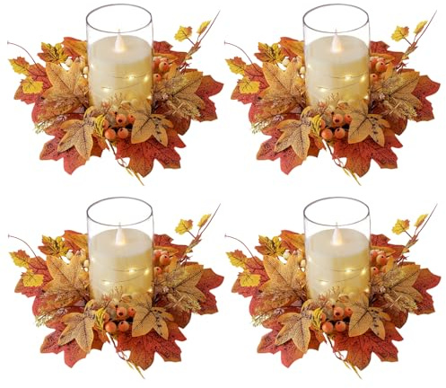 Thanksgiving Herbstdeko Kerzenringe Herbst Thanksgiving Dekoration Kränze Ringhalter mit Ahornblättern, Mini Herbst Kürbis Deko, Herbstdeko Innen für Thanksgiving Halloween Tischdekoration (A)