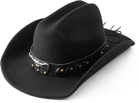 Lanzom Cowboyhut für Damen und Herren mit formbarer breiter Krempe, Filzhut Westernhüte für Cowboys und Cowgirls, Schwarz, M/L