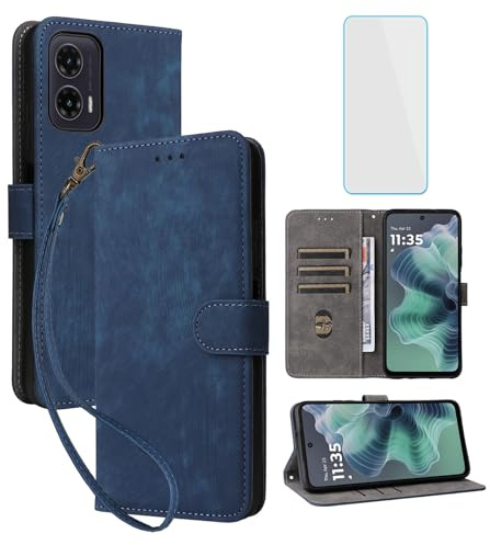 IUQXU RFID Wallet Phone Case for Motorola Moto G35 5G Blue | with Screen Protector,Leather Flip Cover,Card Slot,Kickstand,Women Men Mobile Phone Case for Motorola G35 G 35 MotoG35 5G