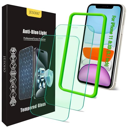 JESOHO Protector de pantalla de luz azul para iPhone 11, iPhone XR (6.1 pulgadas), película de vidrio templado antibloqueo de luz azul, protección ocular, compatible con fundas, sin burbujas, con kit
