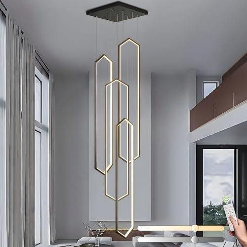 LAMPLAY Lámpara De Araña Moderna, 4 Luces LED Con Anillo De Diamantes Negro, Lámpara De Araña De Villa Ajustable En Altura, Luz De Sala De Estar Con Control Remoto 3000K-6000K Atenuación, Pasillo