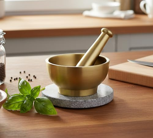 Esplanade Mörser Stößel Set aus Messing für Küche - 10,2 cm Okhli zum Mahlen von Gewürzen, Kräutern - Traditioneller Imam Dasta, Kharal, Kundi