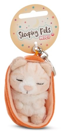 Nyckelring ”Sleeping Pets”, katt, 8 cm, i korg, beige, lojal följeslagare för ryggsäck eller väska, nyckelhållare för små och stora, 61607