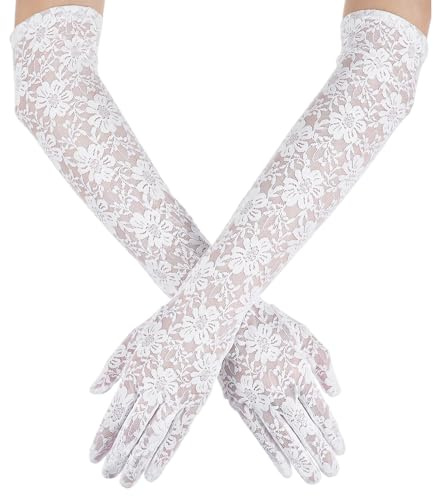 Guantes de Encaje Extra Largos para Mujer Floral Boda Manoplas Novia Hasta el Codo Guantes Elegantes Manoplas Largos de Encaje Guantes Formales para Boda Fiesta de Té Cóctel (Blancos)