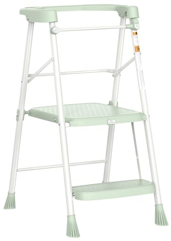 HBTower Kids Step Stool 2 Steps, Toddler Tower for Kitchen Counter Learning, Toddler Kitchen Stool Helper with Anti-Drop Safty Railing Kids Standing Folding Stepper, Green