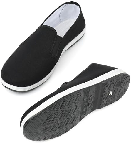 Tai Chi Shoes Chinese Traditional Old Beijing Kung Fu Martial Arts Canvas Footwear for Men/Women, Non-Slip Rubber Sole, Lightweight Durable. Size 45 Black White