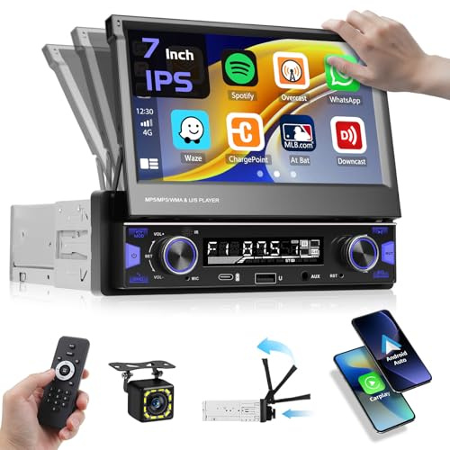 Hikity 1 Din Autoradio avec 7” IPS Manuel Rétractable Écran Tactile | Radio avec Wireless CarPlay Android Auto FM AM Radio avec USB Type-C AUX IN MIC EQ SWC Bluetooth Caméra de Recul Mirror Link