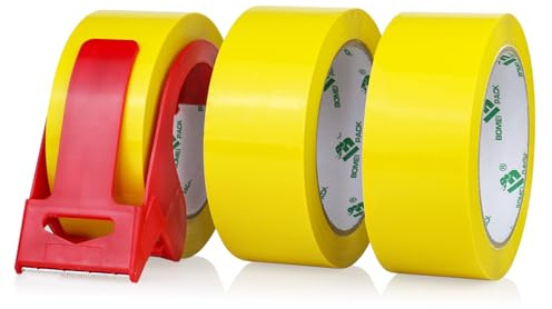 BOMEI PACK Ruban d’emballage 66m x 48mm pour emballage -3 rouleaux avec dévidoir,impression adhésif fort pour colis, entrepôt, e-commerce (Jaune)