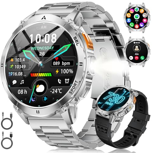LIGE Smart Watch for Men with LED Flashlight, 1,62 HD AMOLED Display 730mAh Military Smartwatch with Answer/Make Calls, 3ATM Waterproof Pedometer with 24/7 Heart Rate/Spo2 for iOS Android, 2 Cables