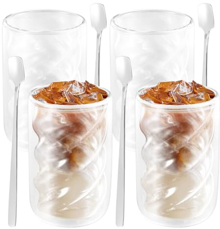 SOEWWEKLAX 4 Pcs Double Walled Coffee Mugs, 320ml Clear Latte Macchiato Glasses with Spoons Iced Coffee Glasses for Hot Cold Beverages Milk