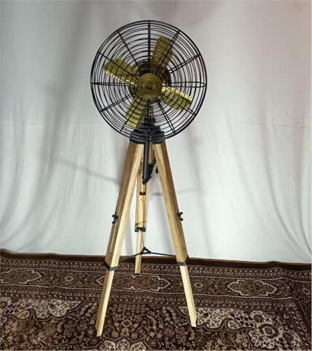Decorative Handmade Pedestal Electric Fan with Wooden Adjustable Tripod Handmade Nautical Tripod Floor Fan 14 X 60” Aluminum Metal & Brown Wood home decor Fan Standing Fan Living room