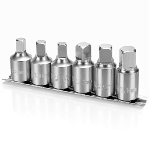 QWORK® 6 Pieces Oil Drain Plug Key Set, 1/2 Drive with 8mm, 10mm, 12mm, 14mm, 1/2, 3/8 Oil Service Sockets