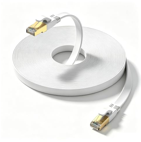 Ohmvolta Cat 8 Ethernet Cable 15m White,High-Speed 40Gbps 2000Mhz Lan Internet Cable Gold Plated RJ45 Connector,Outdoor Indoor Flat S/FTP Patch Cord for Gaming Router Modem,Faster Than Cat7 Cat6 Cat5