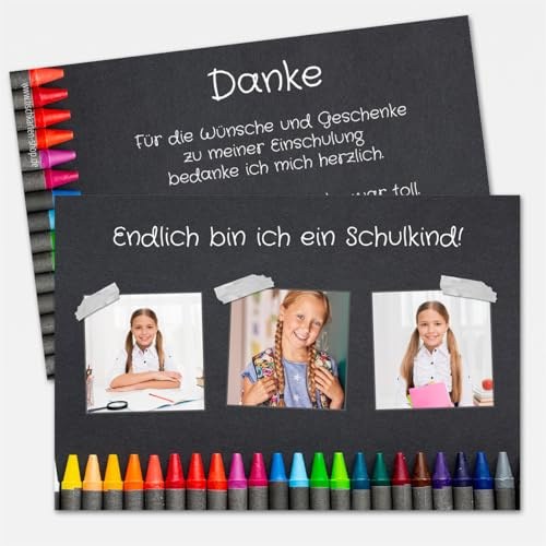 Tischkarten-Shop Personalisierte Dankeskarte Schulanfang Einschulung, 10-100 Stück, DIN A6, sehr dickes Papier, mit eigenem Bild und Text Motiv Pinnwand