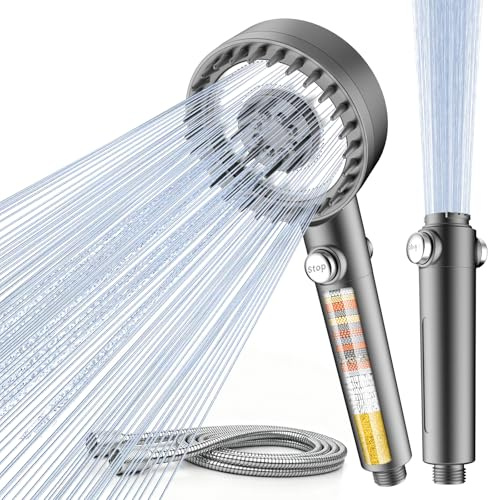 PWERAN High Pressure Shower Head and 1.5M Hose, 18 Stage Filter, Grey | 3+1 Spray Modes Hard Water Filter Shower Head, 5 Large Powerful Handheld Massage Showerhead for Chlorine Removal