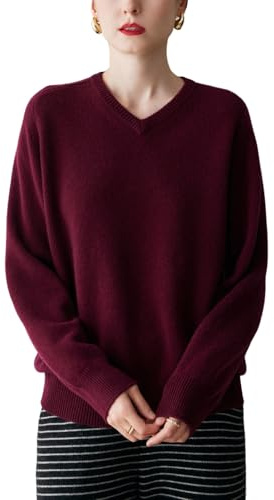 DISSA Damen Kaschmir Feinstrick V-Ausschnitt Raglan Pullover,Weinrot,38