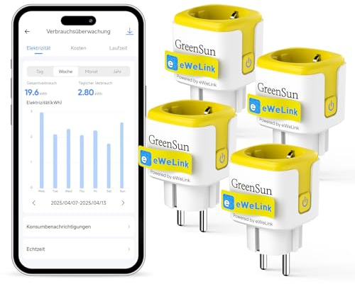 GreenSun Enchufe Inteligente Wifi - Wifi Enchufe EWELINK APP con Consumo Electrico ProgramadorEnchufe Alexa Inteligente con Temporizador Control Remoto APP & Voz, Compatible Alexa SmartThings 4PC