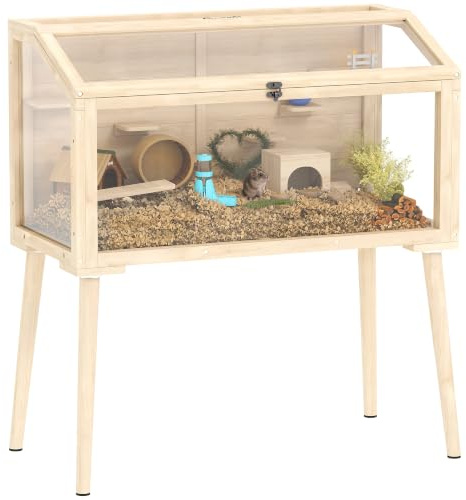 PawHut Wooden Hamster Cage with Openable Top for Syrian 110 x 52 x 101 cm | Gerbil Cage, Seesaws, Platforms, Water Bottle, Small Animal Habitat, for Dwarf, Mouse, Rats, Rodent