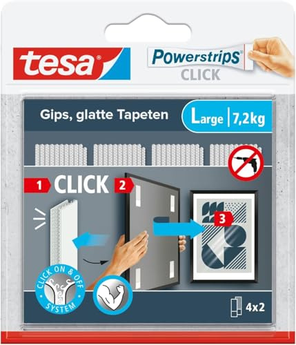 tesa Powerstrips CLICK - Klett-Klebepads zum An- und Abklicken von Bilderrahmen und Wanddekorationen ohne Bohren - selbstklebende Klettband-Strips mit ON und OFF Click-System - (Large - 8 x 2 Stück)