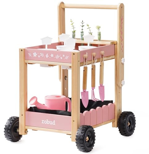 ROBUD Attrezzi da giardino per bambini con carrello in legno, set da giardino con annaffiatoio, pala, rastrello a mano, vasi per piante e tubi idroponici, attrezzi da giardino educativi per ragazzi e