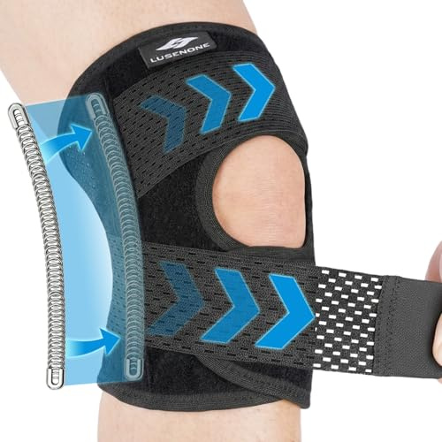Lusenone Genouillère Sport Femme et Homme, Réglable Genouillère avec Stabilisateurs Latéraux, Genouillère Rotulienne pour Arthrose, Ligamentaire, Déchirures du Ménisque, Course, Attelle Genou, L