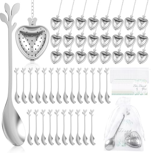 25 Sets Bridal Shower Tea Party Favor for Guest Leaf Tea Spoon Heart Shape Infuser Ball for Loose with Thank You Card Organza Bag Wedding Souvenir Present Festival Gatherings(Silver)
