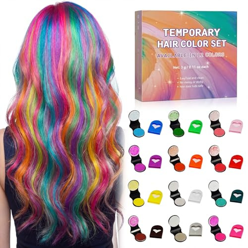 12 Colors Hair Chalk for Girls Kids, Temporary Hair Dye Powder with 2ml Spray Bottle, Washable Coloured Hair Chalks Set, Safe Non-Toxic Hair Colour Spray Makeup Gifts for Birthday Party Cosplay
