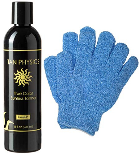 Tan Physics Sunless Tanner 8oz with Exfoliation Gloves – Self Tanning Lotion – Instant Tanning Lotion for Face & Body – Natural Self Tanner for a Streak-Free, Long-Lasting Glow
