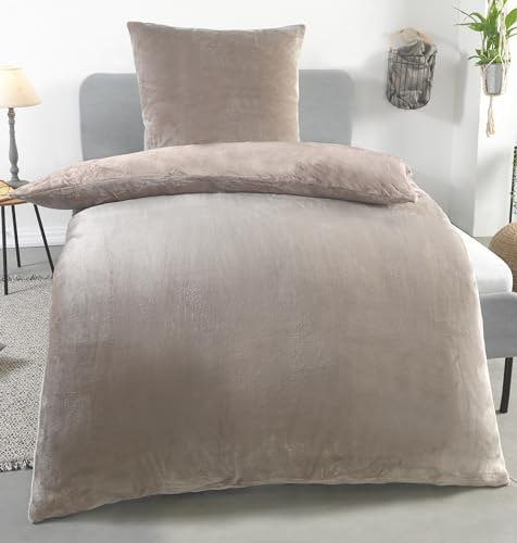 Kuscheli Winter Wende Plüsch Bettwäsche 135x200 Nicky-Teddy Cashmere Touch Coral Fleece Bettdezug + Kissenbezug 80x80, Farbe:Taupe
