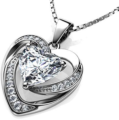 DEPHINI Crystal Heart Necklace – 925 Sterling Silver, Cubic Zirconia Pendant, Rhodium Plated Jewellery for Women (White)